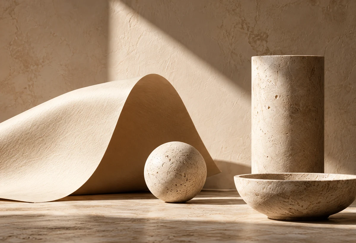 A sculptural still life of curled paper, a stone sphere and textured stone vessels in warm sunlight.
